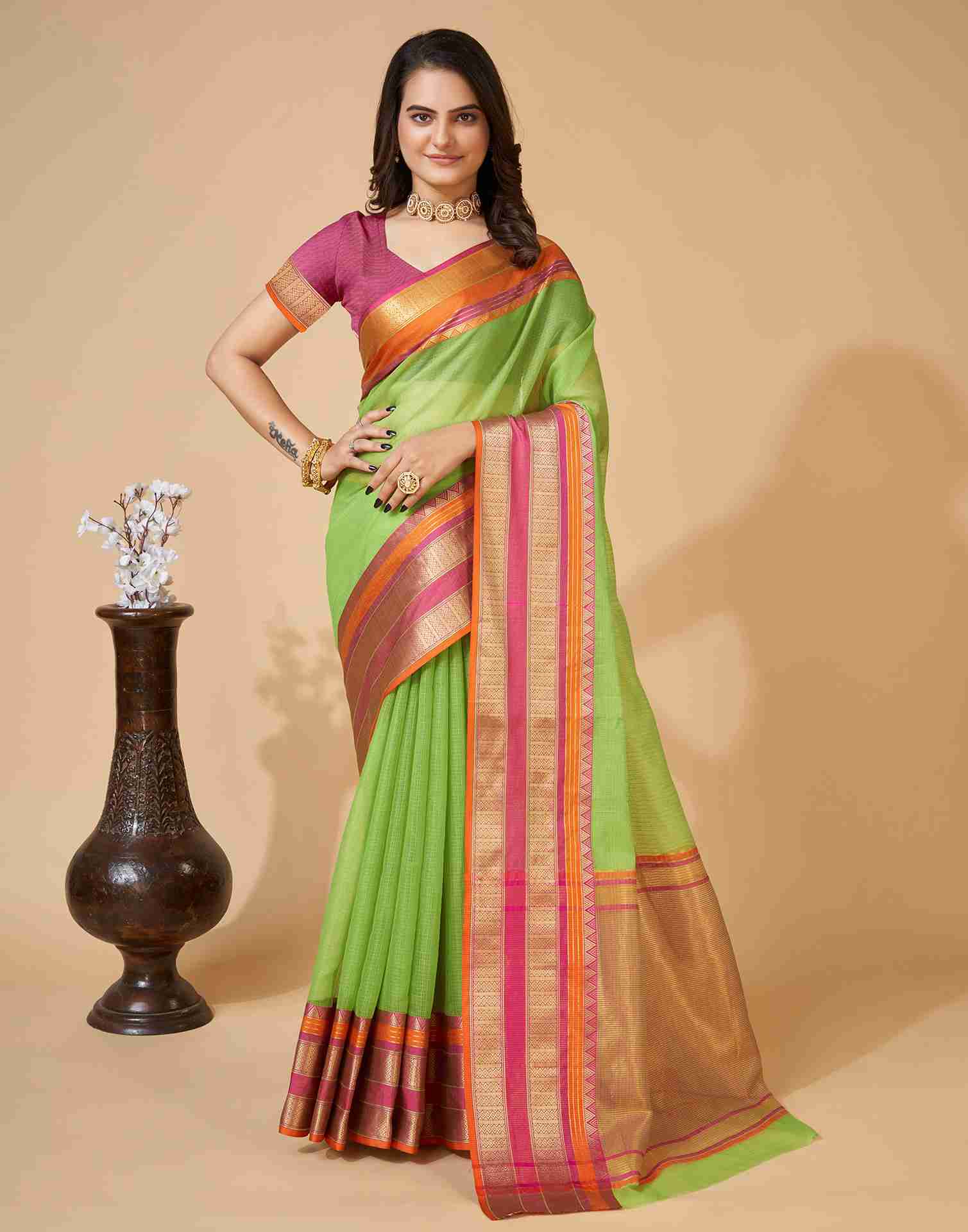 Light Green Silk Woven Kota Doria Saree