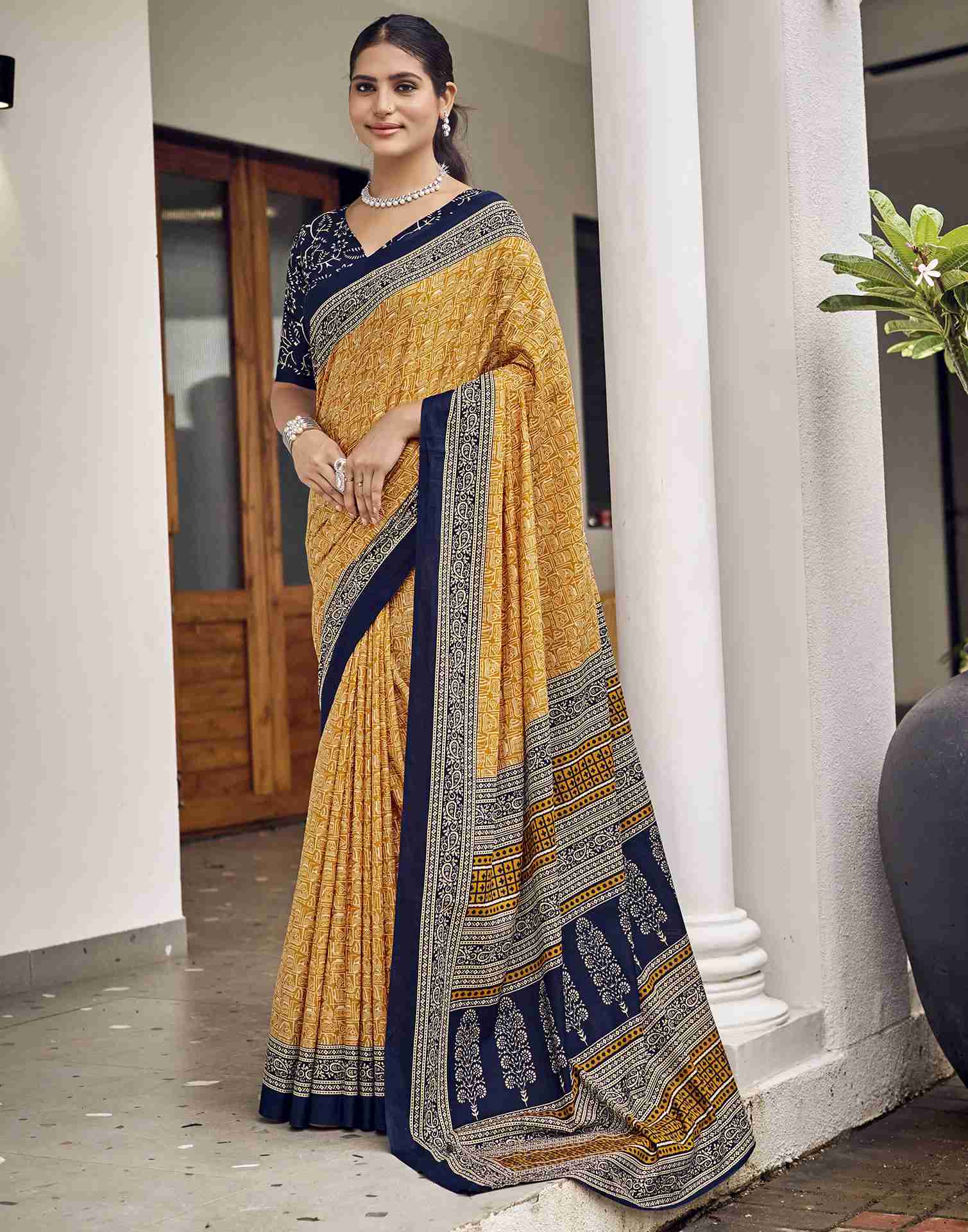 Mustard Yellow Cotton Printed Saree