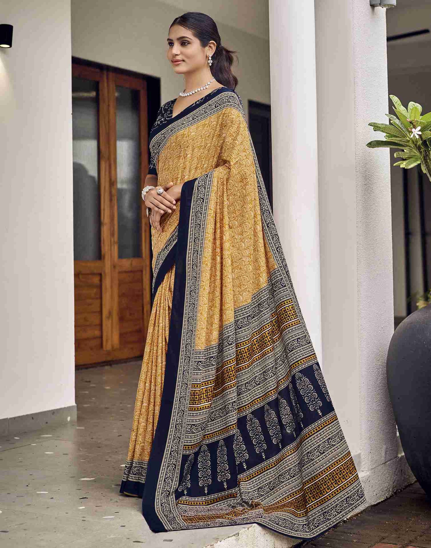 Mustard Yellow Cotton Printed Saree