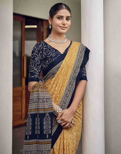 Mustard Yellow Cotton Printed Saree