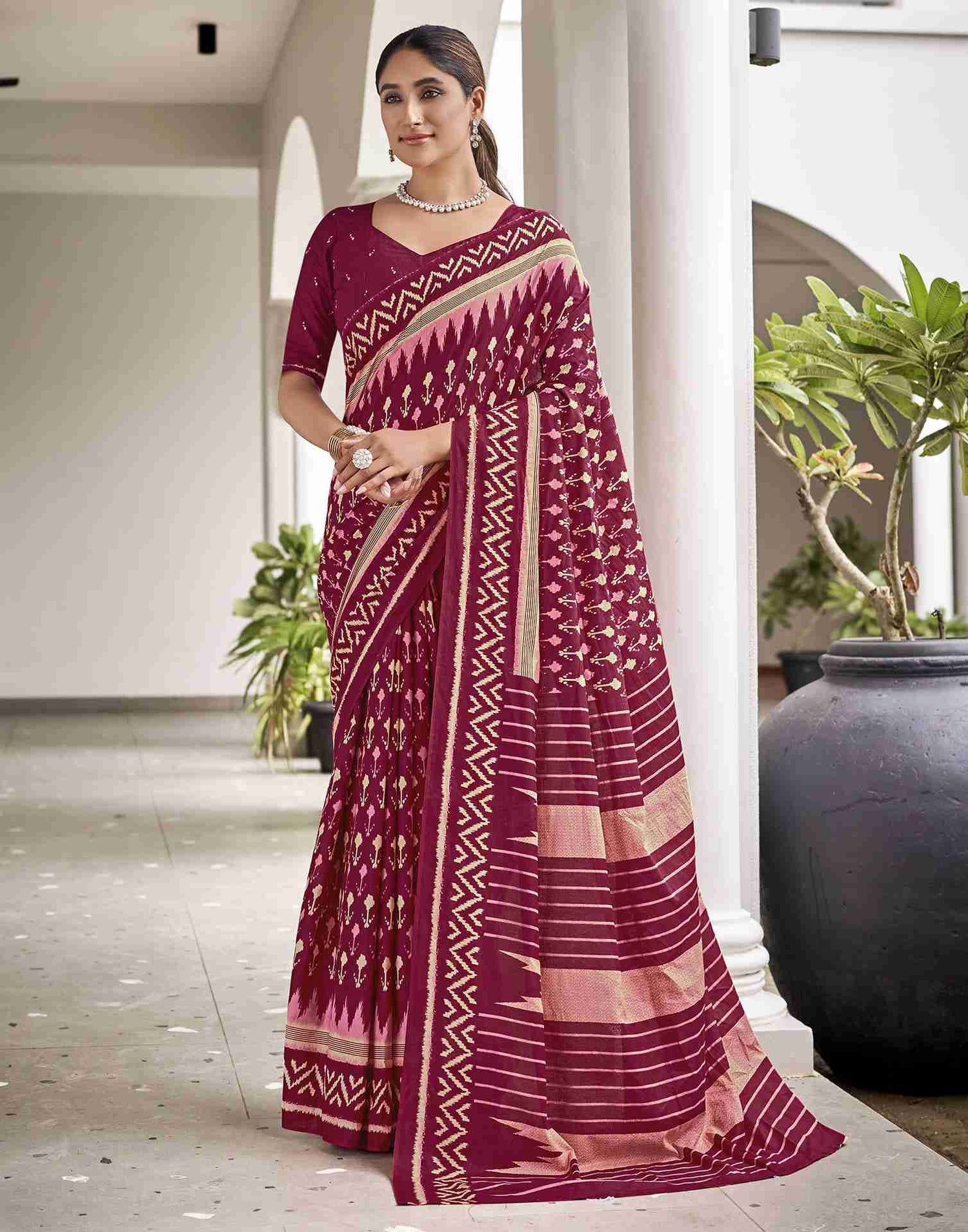 Burgundy Cotton Printed Saree