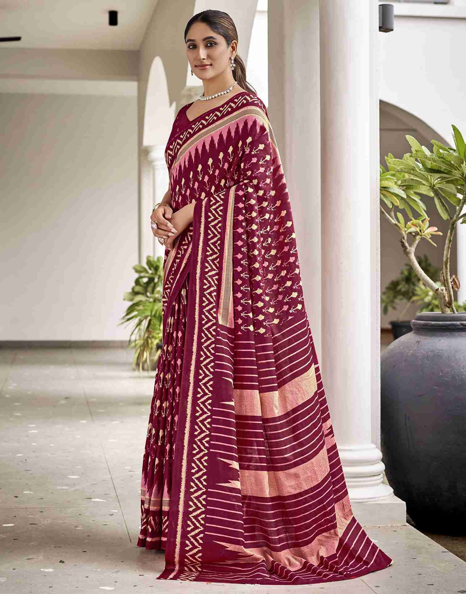 Burgundy Cotton Printed Saree