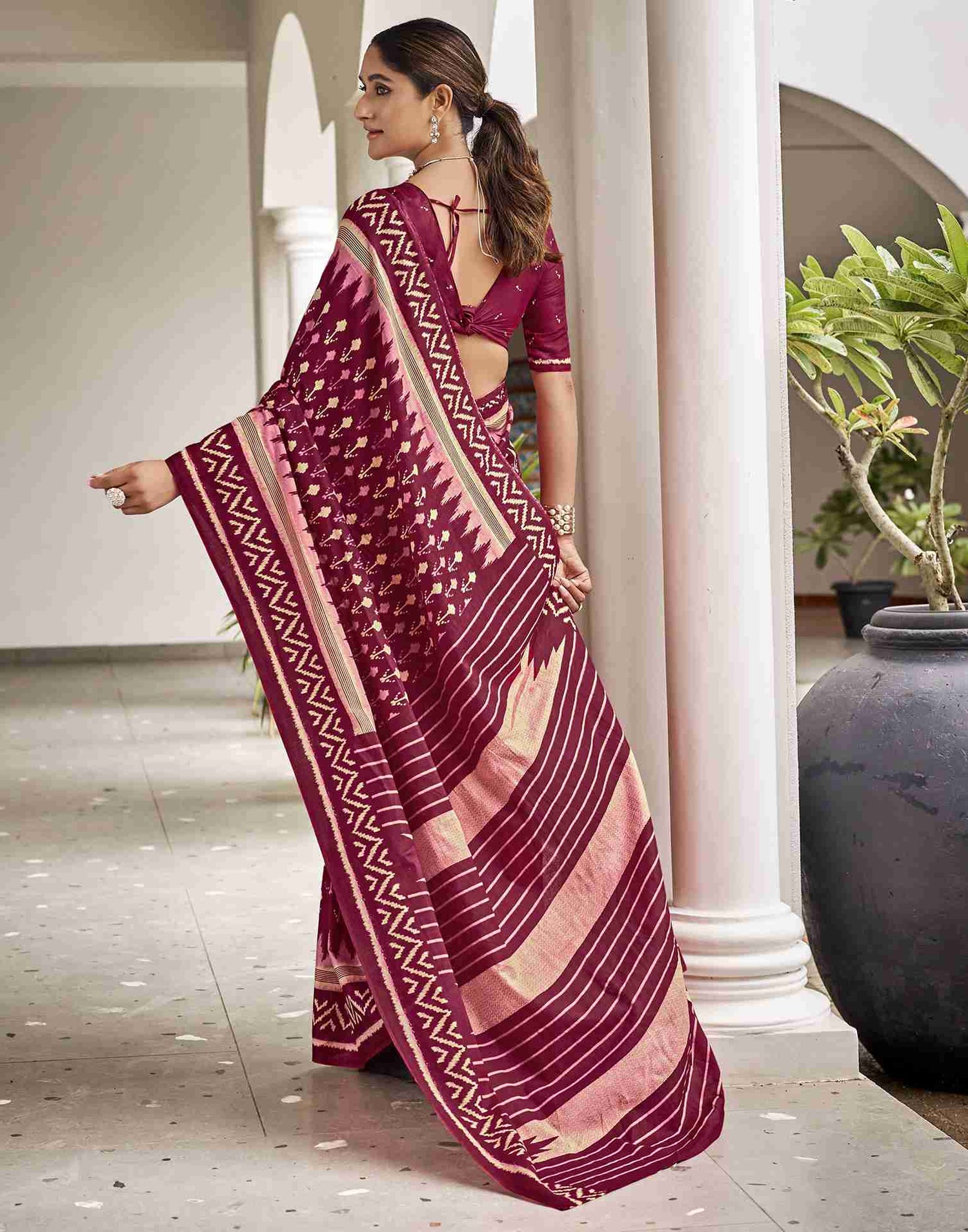 Burgundy Cotton Printed Saree