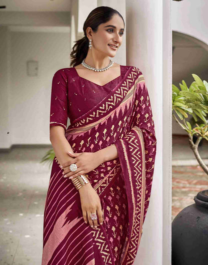 Burgundy Cotton Printed Saree