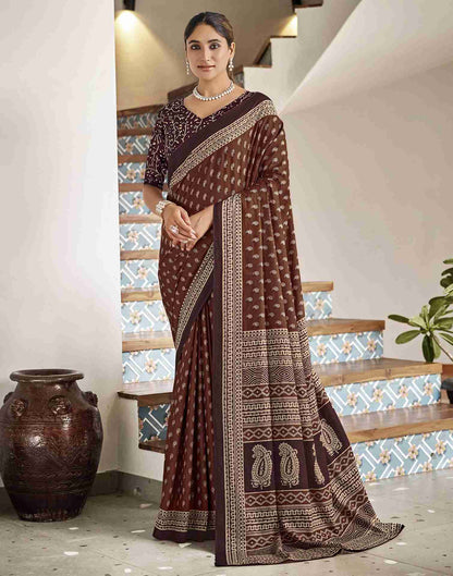 Brown Cotton Printed Saree