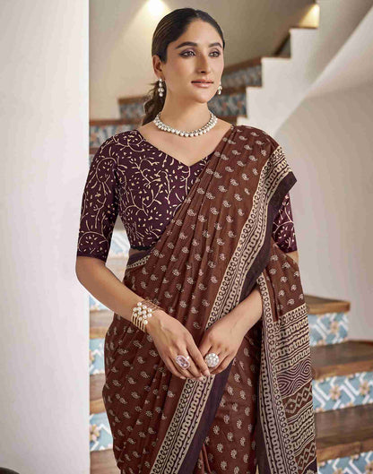 Brown Cotton Printed Saree