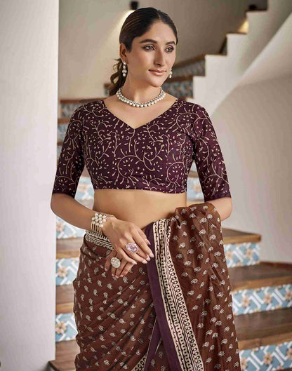 Brown Cotton Printed Saree