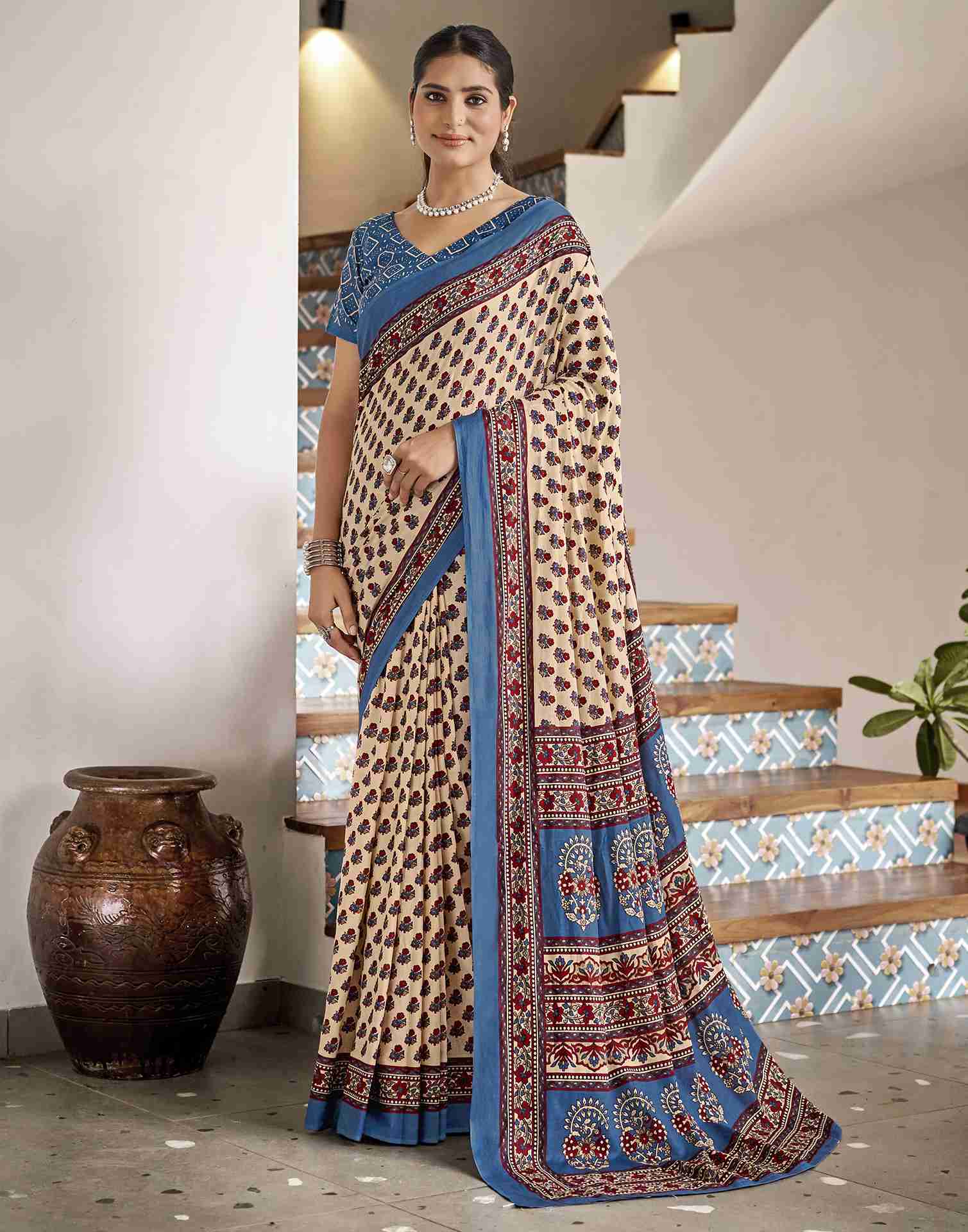 Cream Cotton Printed Saree