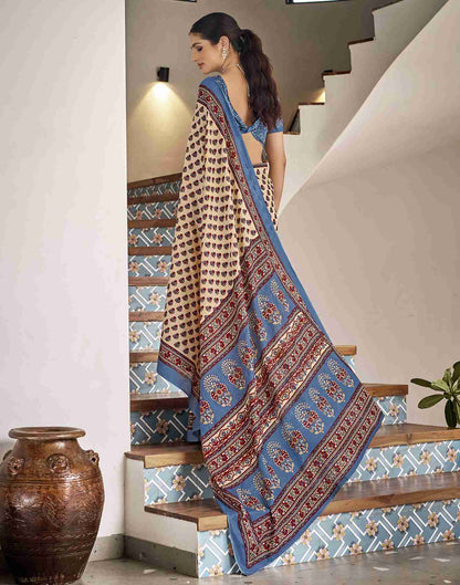 Cream Cotton Printed Saree