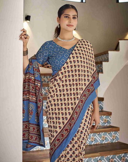 Cream Cotton Printed Saree