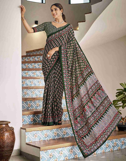 Dark Green Cotton Printed Saree