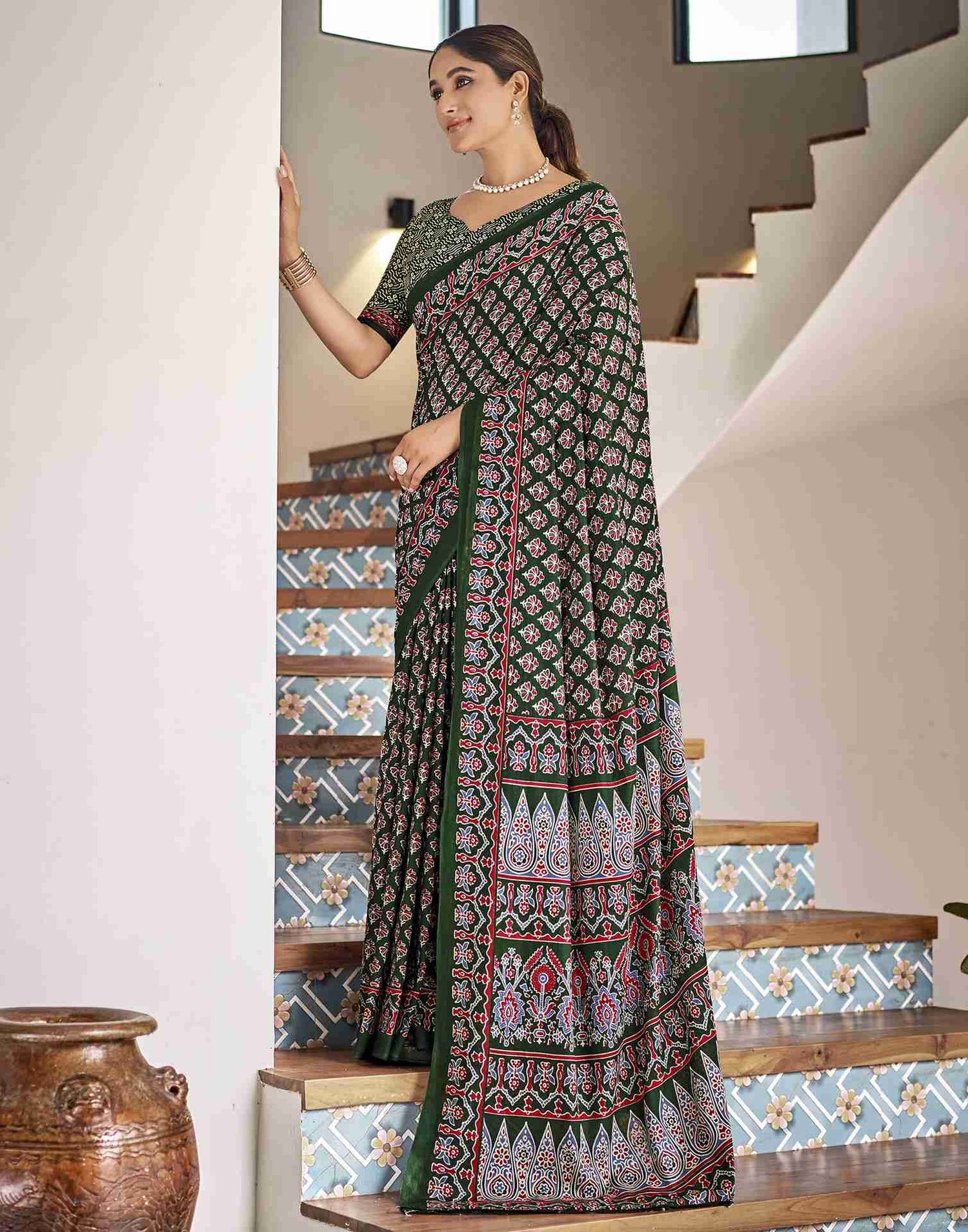 Dark Green Cotton Printed Saree