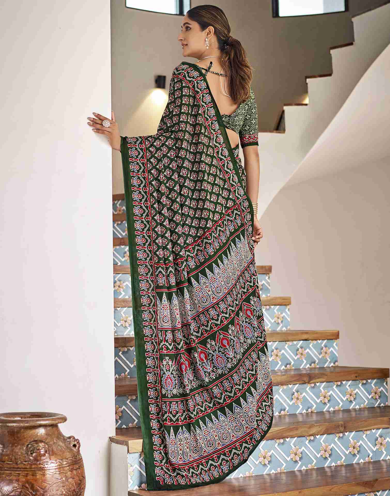 Dark Green Cotton Printed Saree