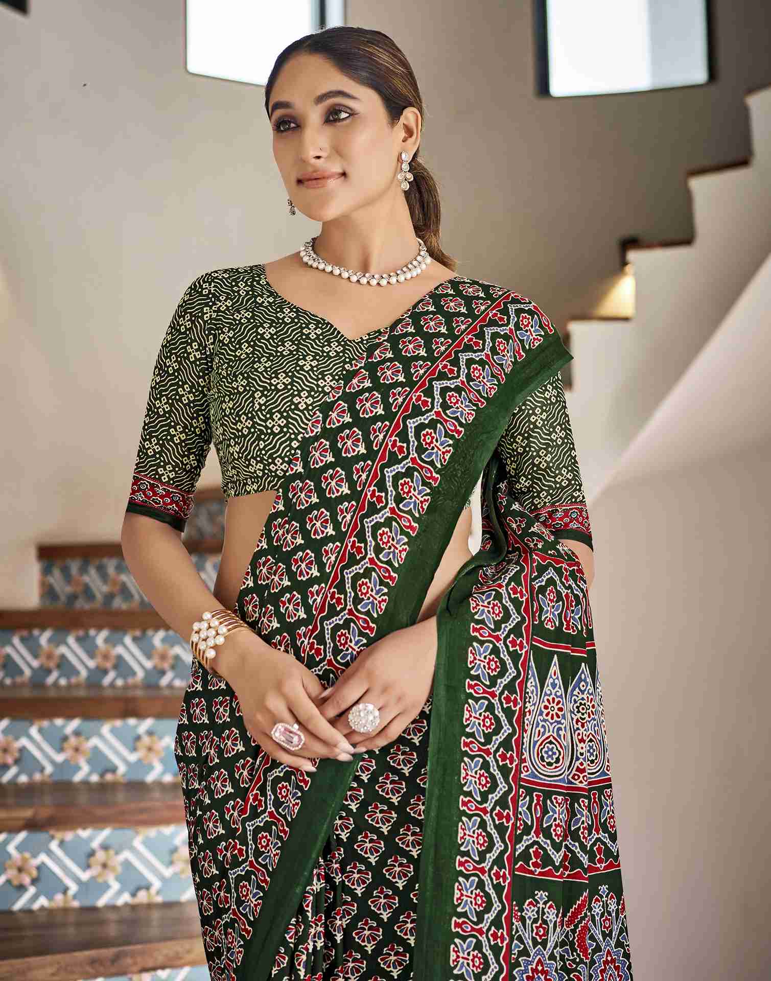 Dark Green Cotton Printed Saree