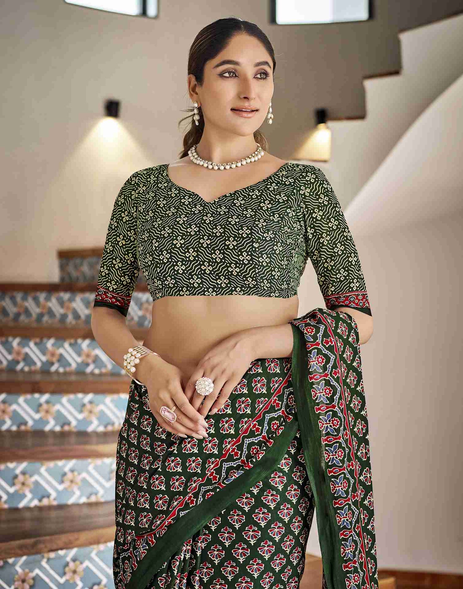 Dark Green Cotton Printed Saree