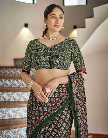 Dark Green Cotton Printed Saree