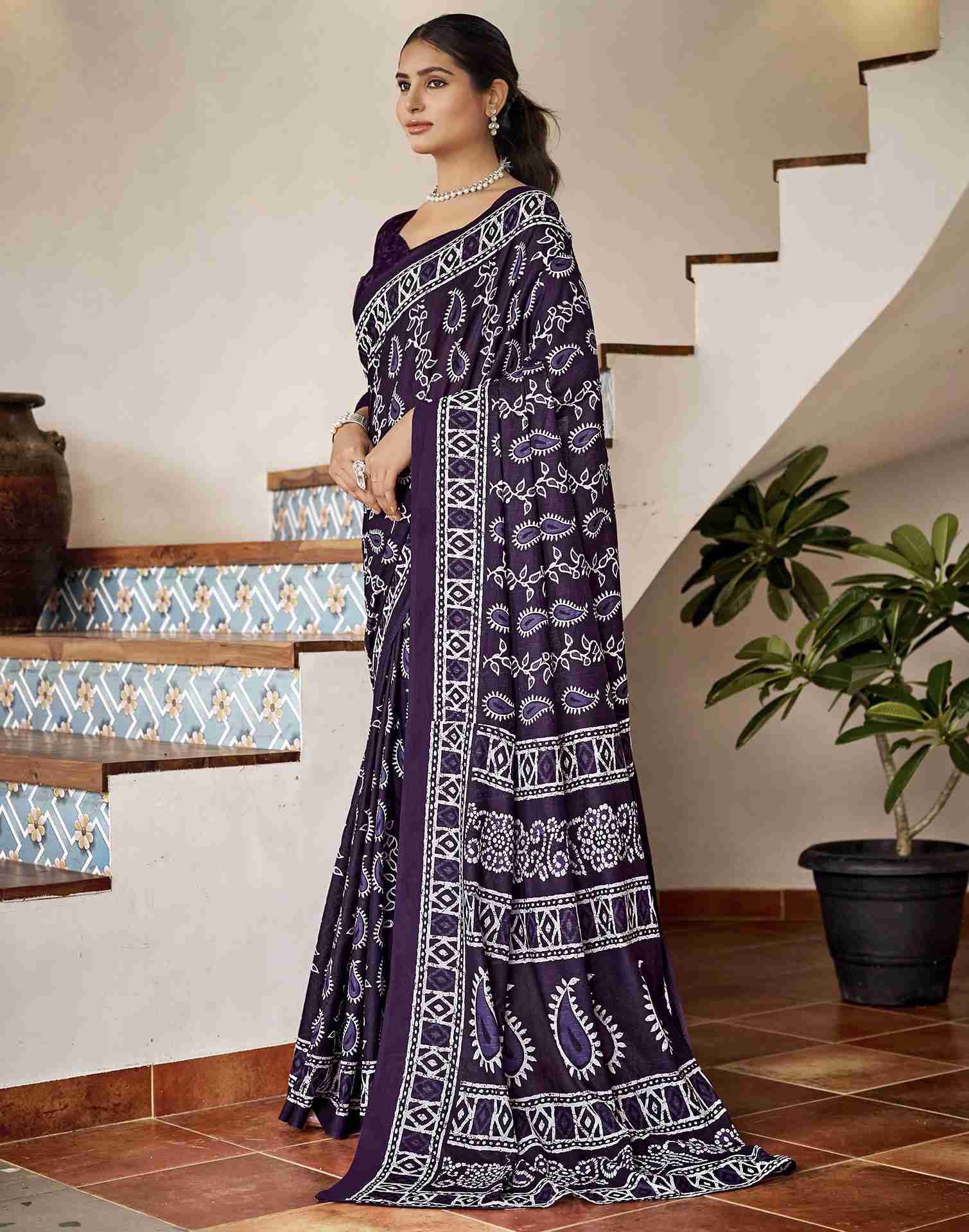 Deep Purple Cotton Printed Saree