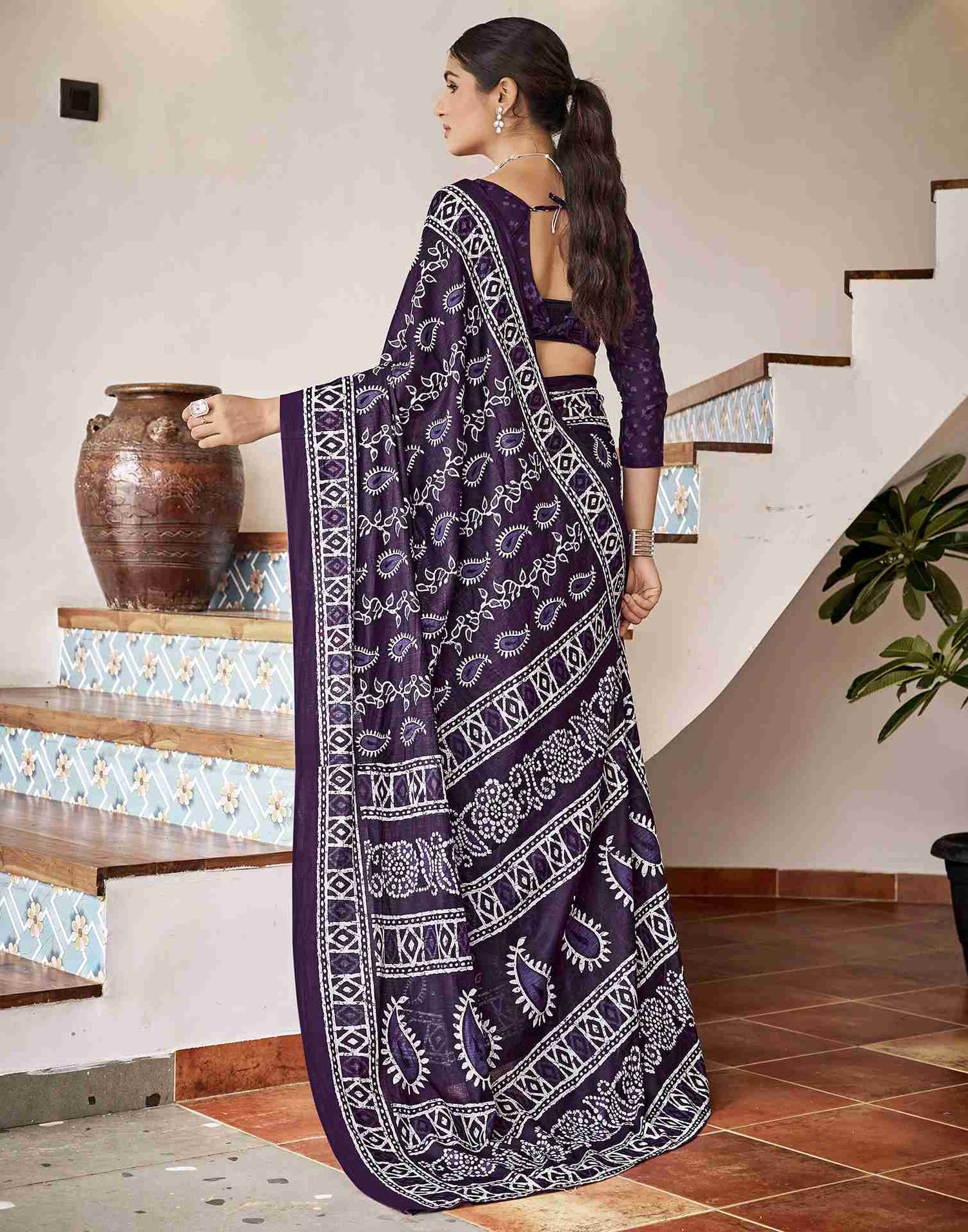 Deep Purple Cotton Printed Saree