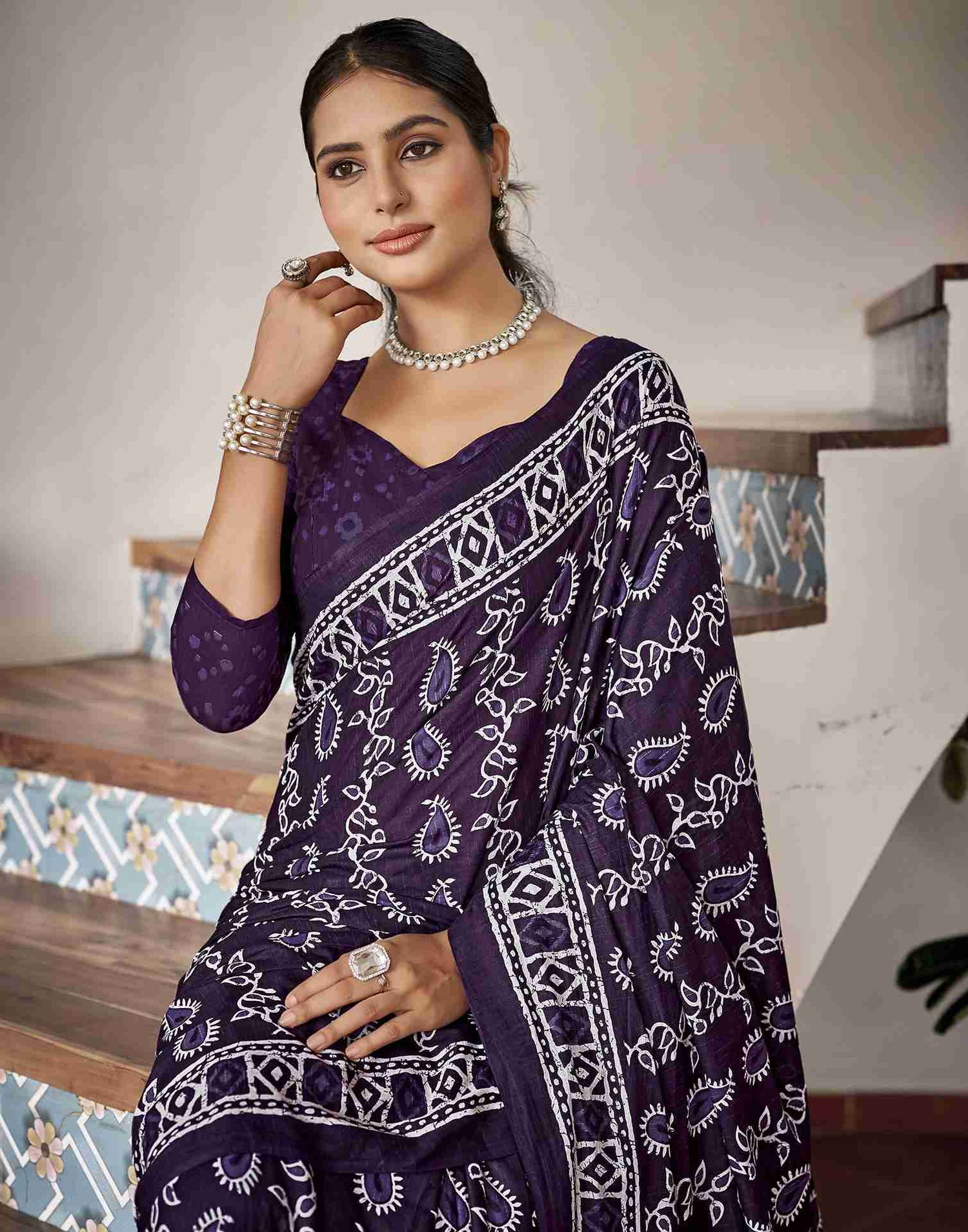 Deep Purple Cotton Printed Saree