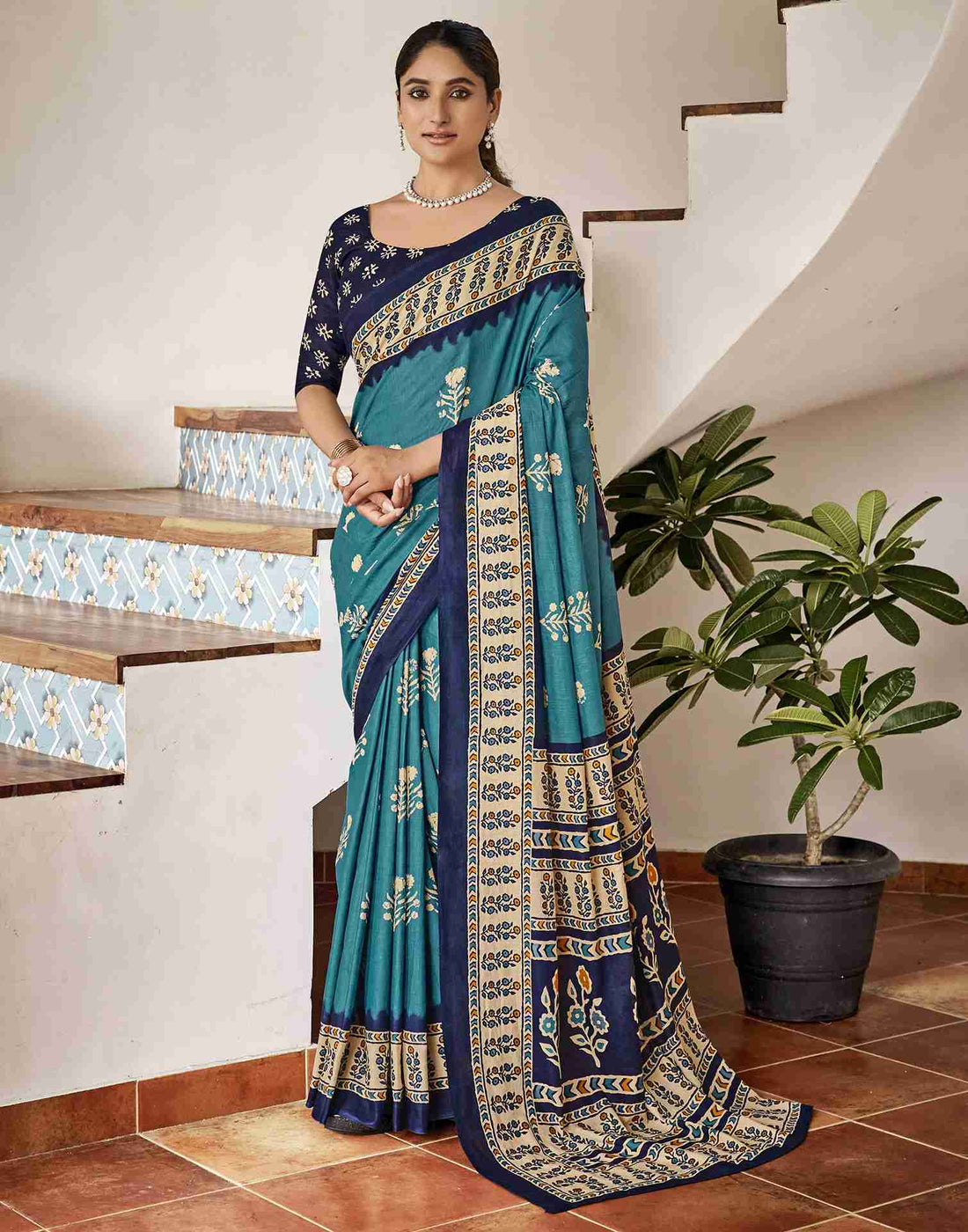 Teal Blue Cotton Printed Saree