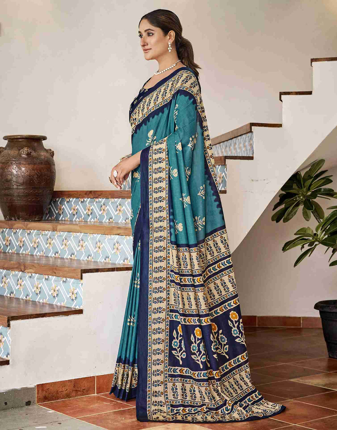 Teal Blue Cotton Printed Saree