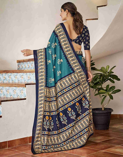 Teal Blue Cotton Printed Saree