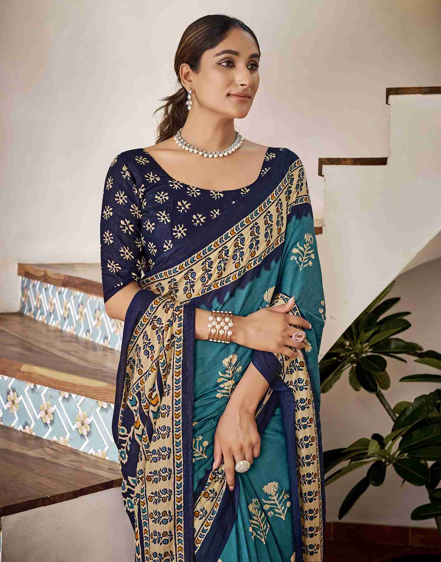 Teal Blue Cotton Printed Saree