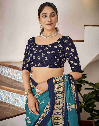 Teal Blue Cotton Printed Saree