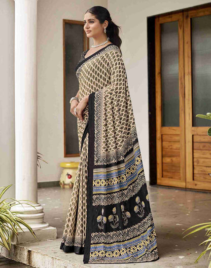 Cream Cotton Printed Saree