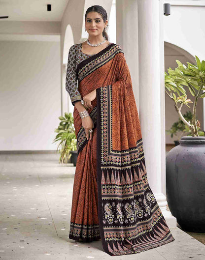 Brown Cotton Printed Saree