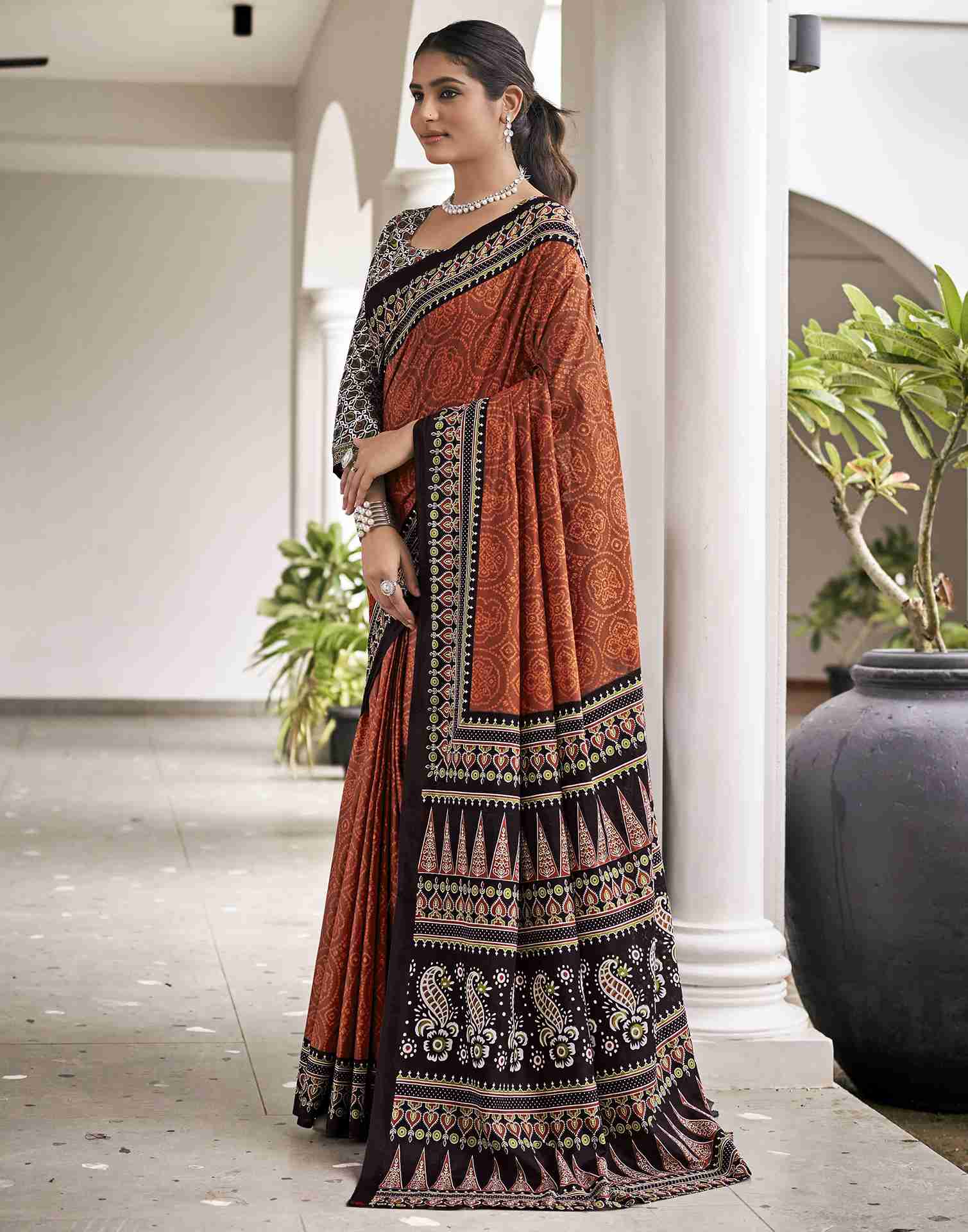 Brown Cotton Printed Saree