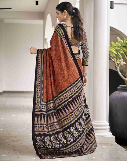 Brown Cotton Printed Saree