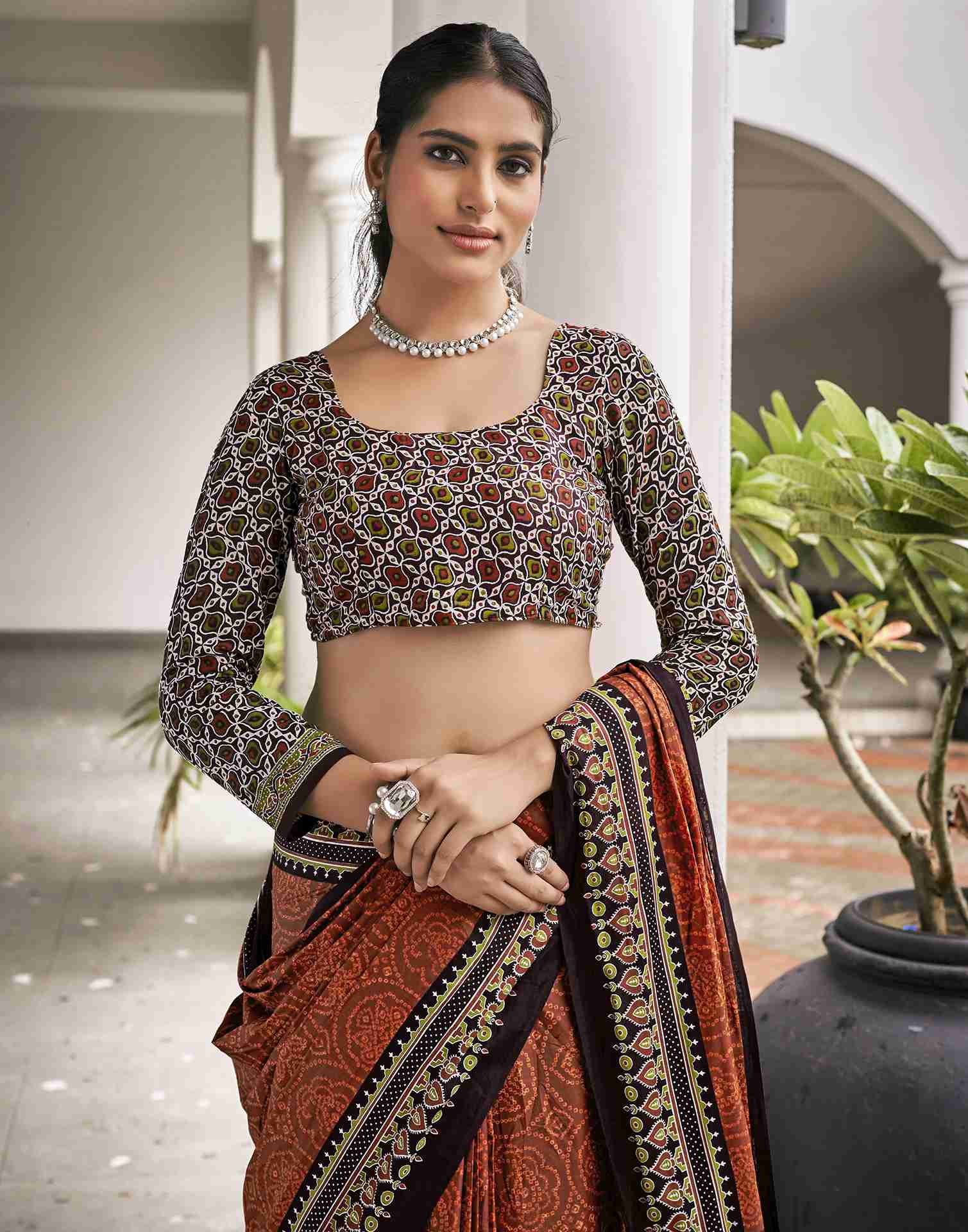 Brown Cotton Printed Saree