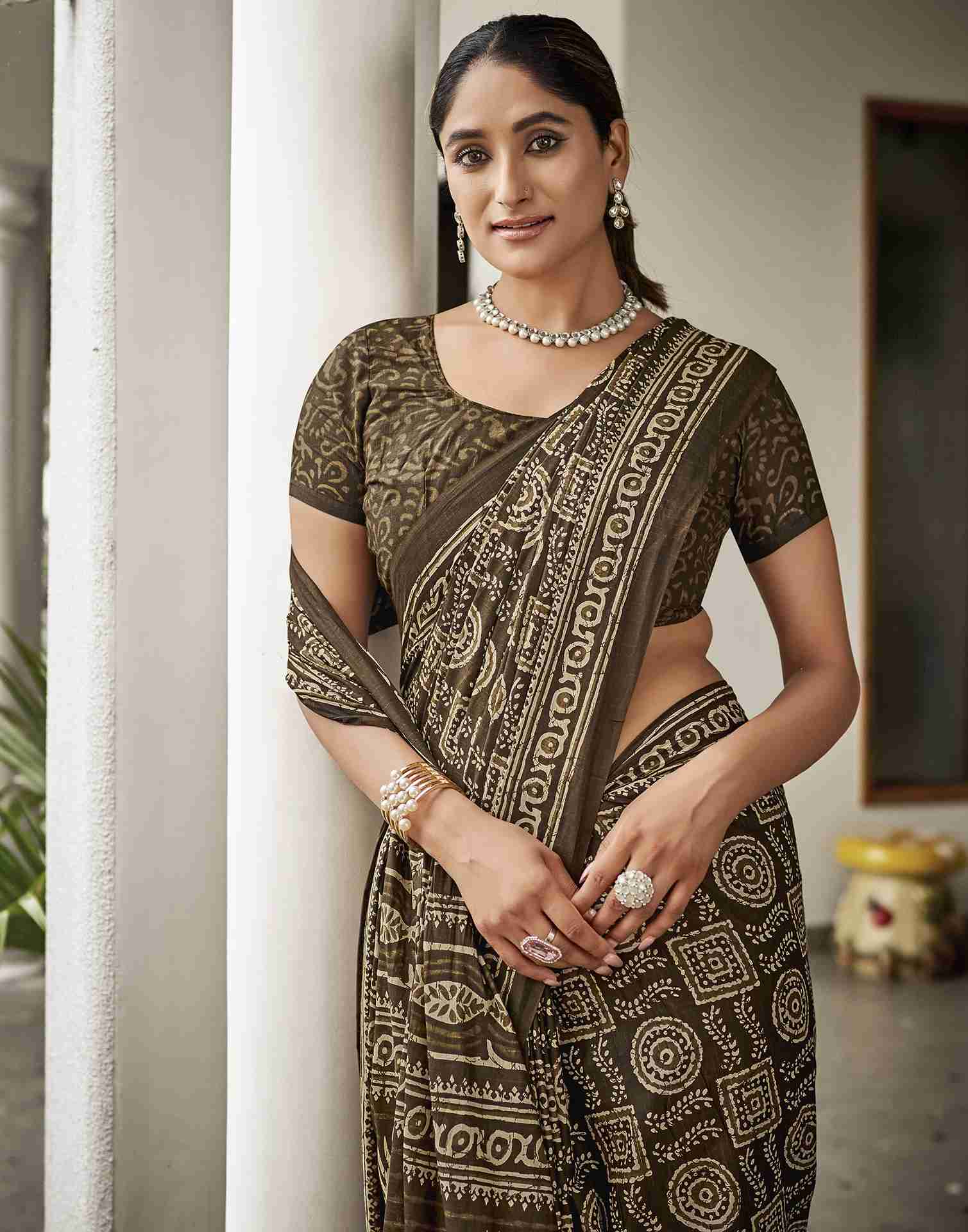 Dark Khaki Cotton Printed Saree