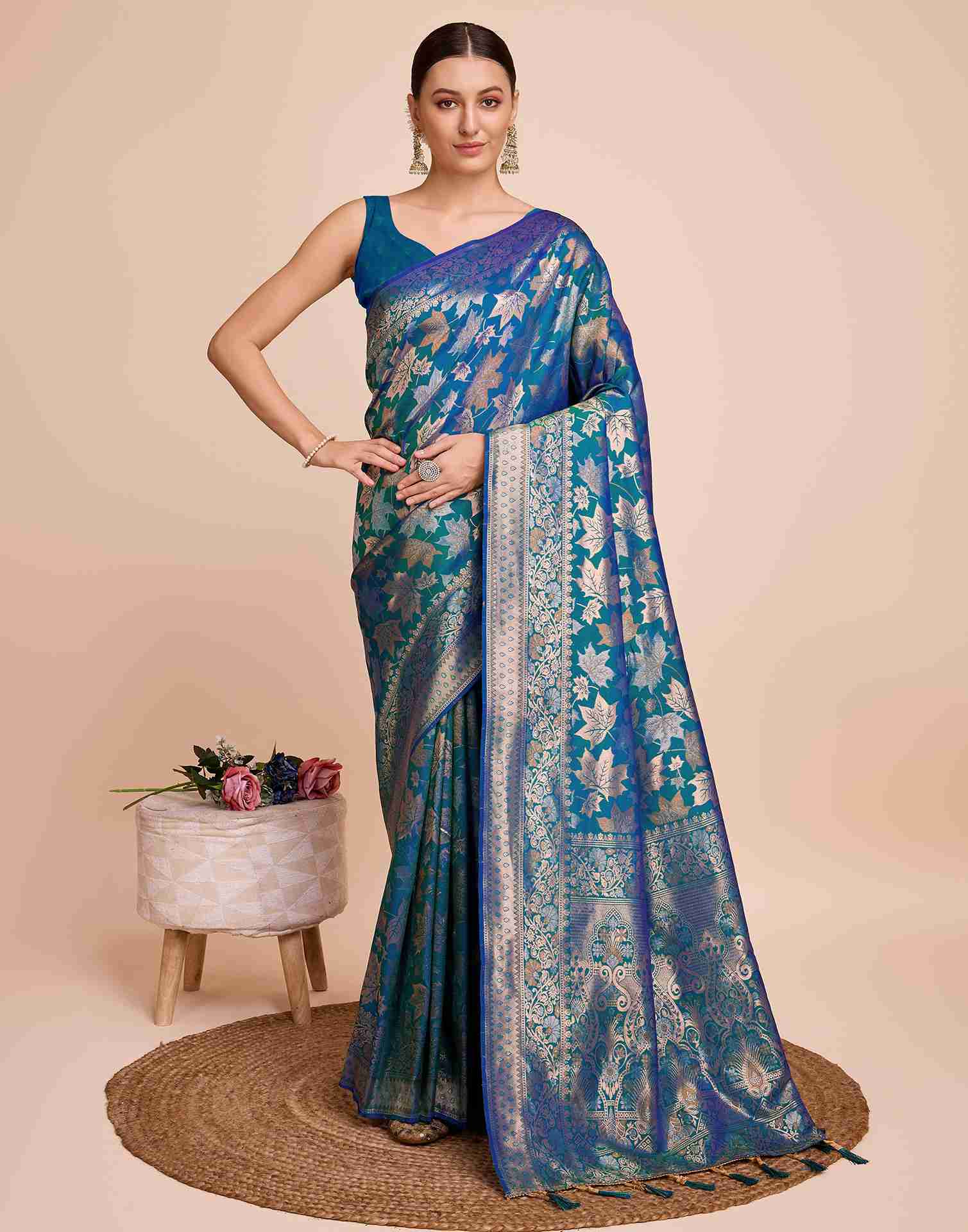 Peacock Blue Silk Woven Banarasi Saree