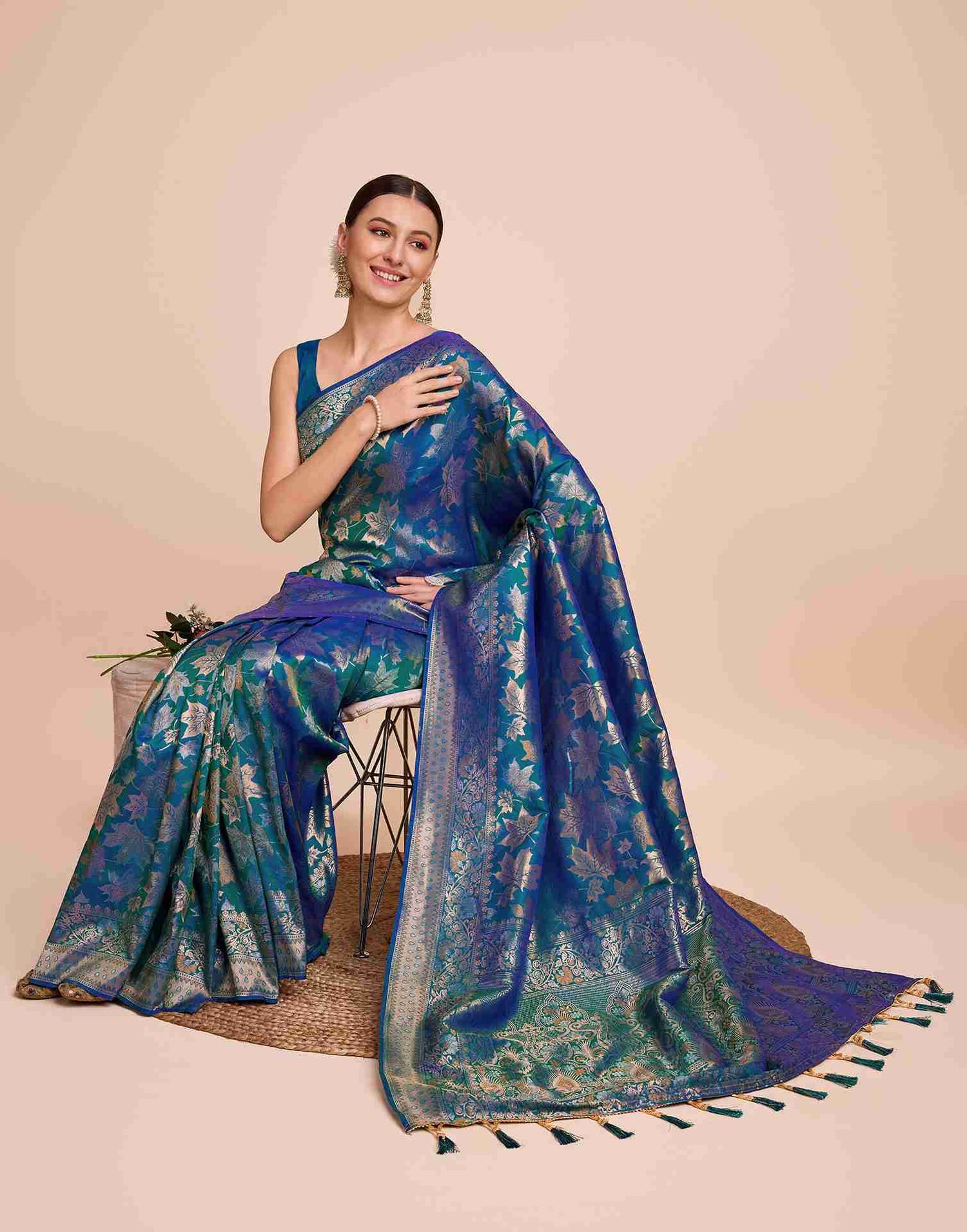 Peacock Blue Silk Woven Banarasi Saree