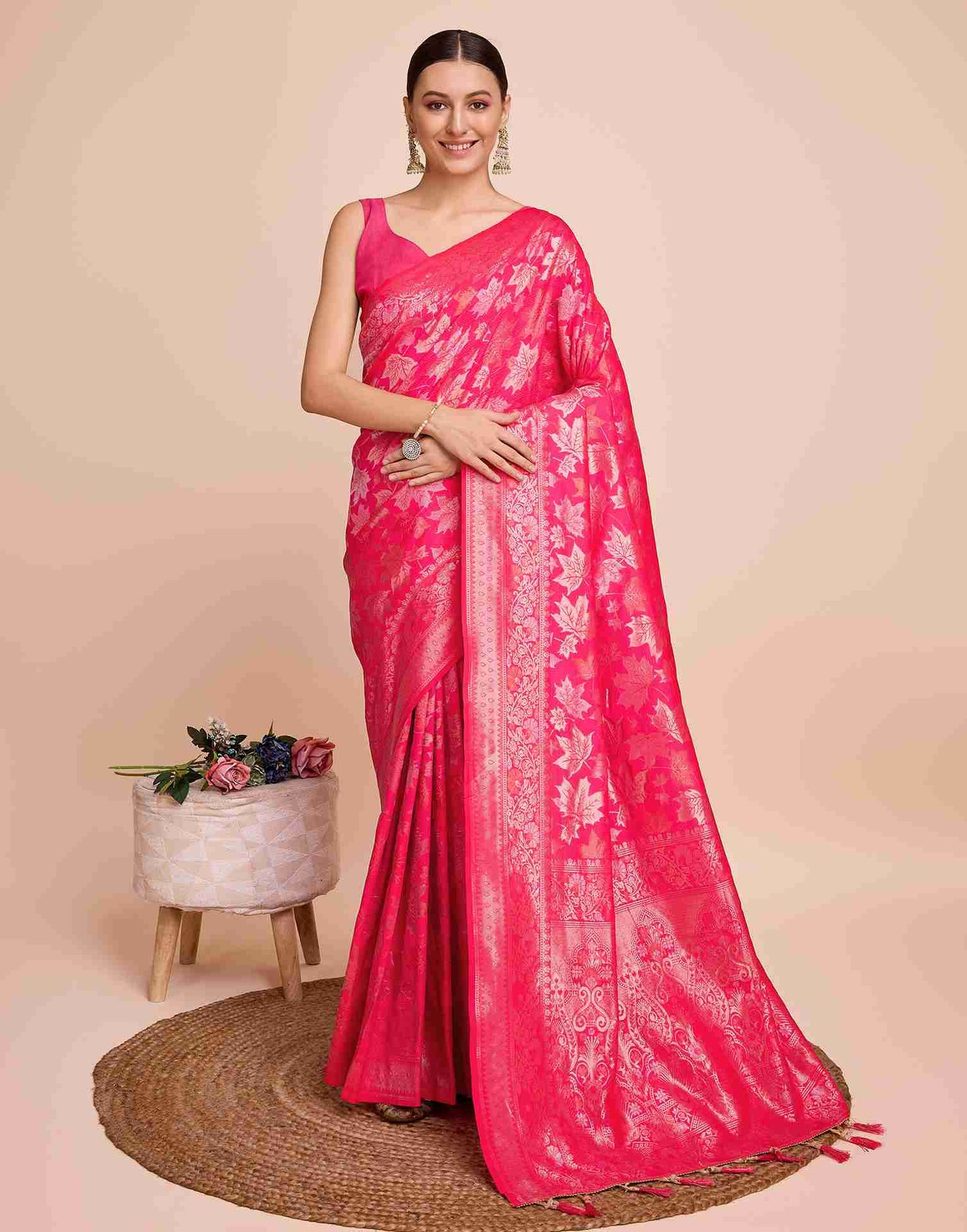 Bright Pink Silk Woven Banarasi Saree