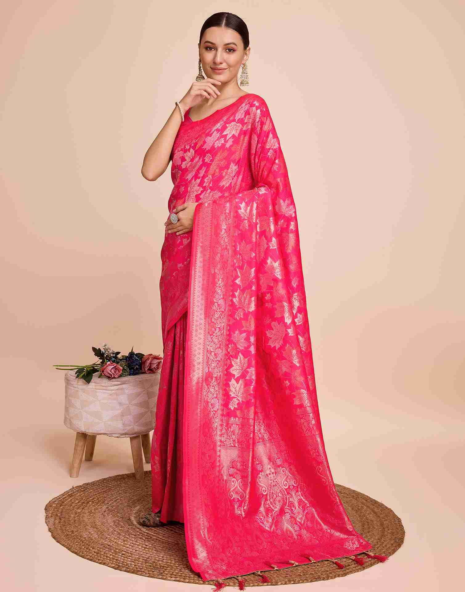 Bright Pink Silk Woven Banarasi Saree