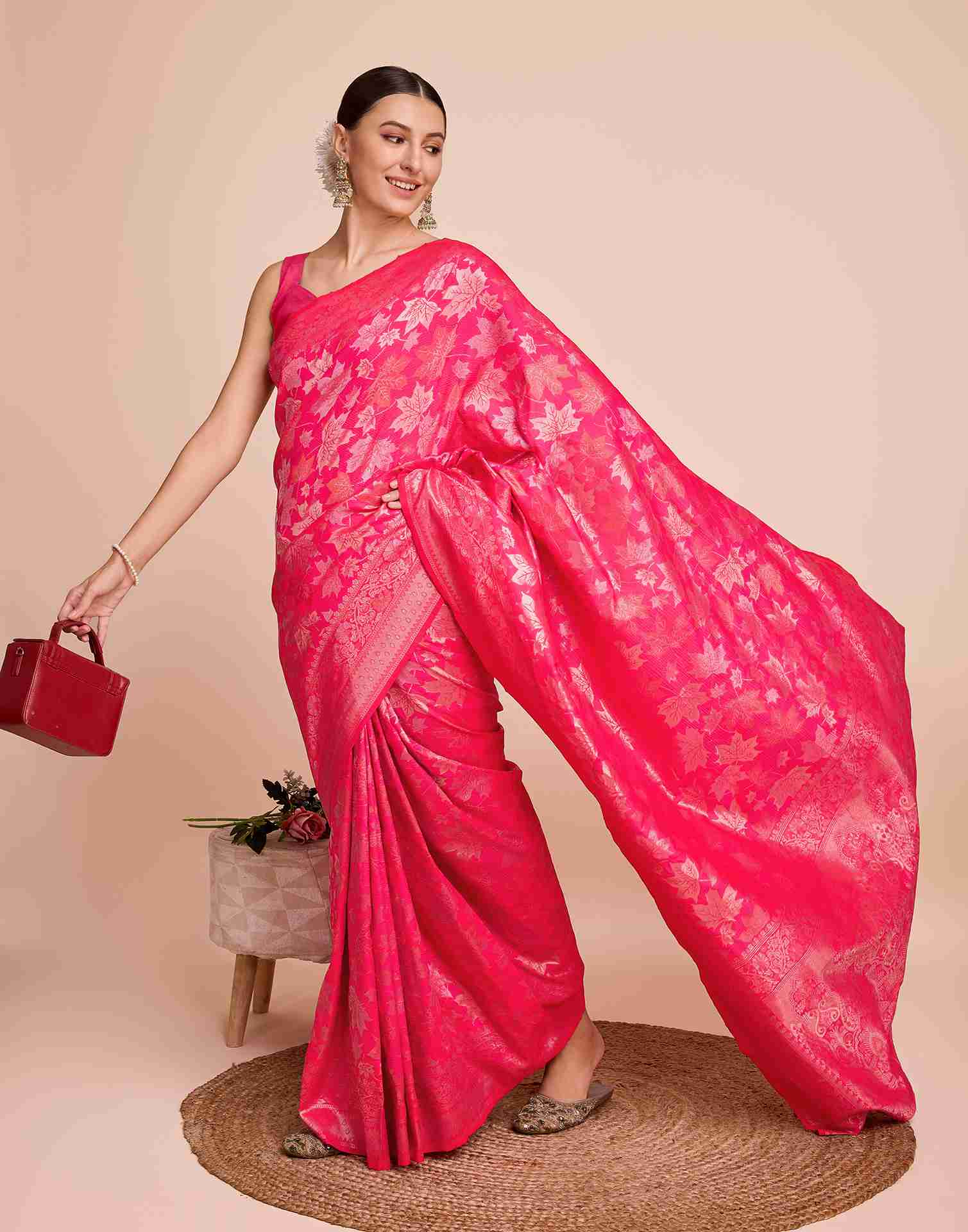 Bright Pink Silk Woven Banarasi Saree