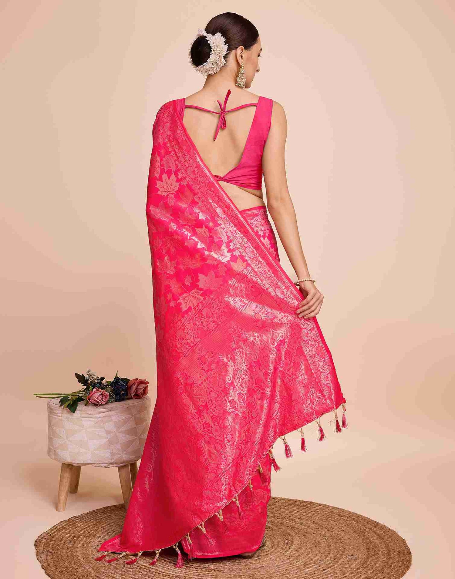 Bright Pink Silk Woven Banarasi Saree