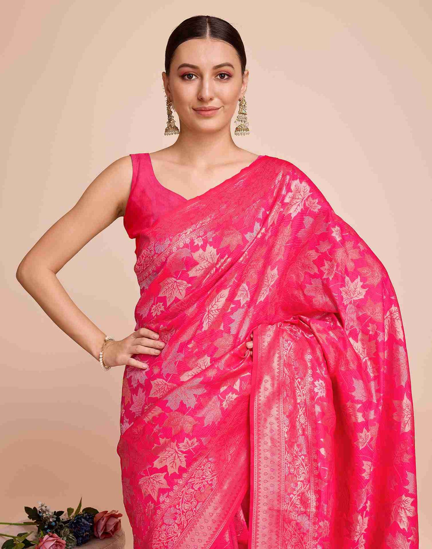 Bright Pink Silk Woven Banarasi Saree