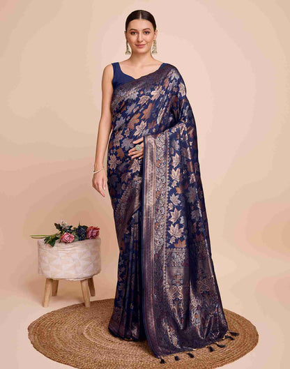 Dark Navy Blue Silk Woven Banarasi Saree