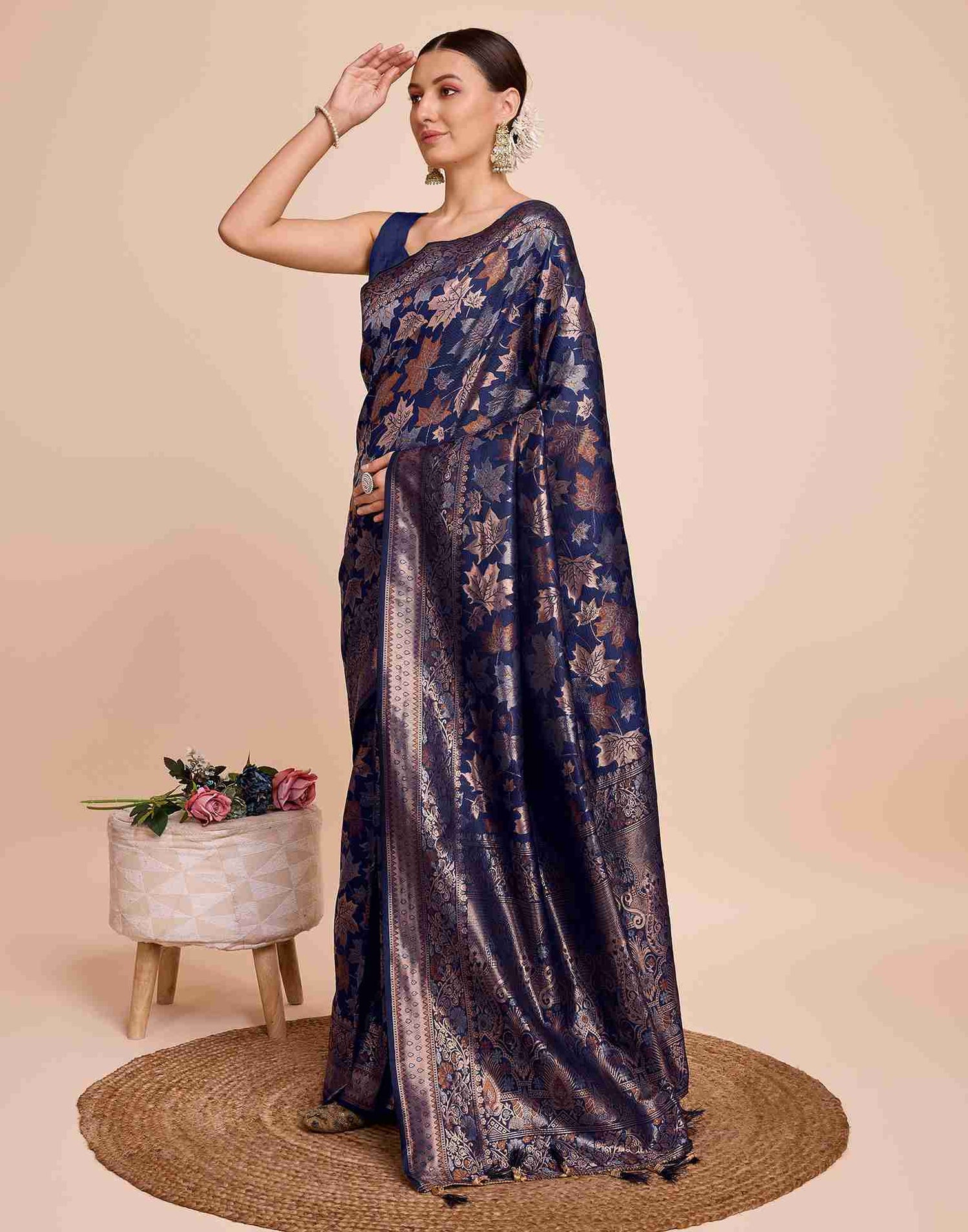 Dark Navy Blue Silk Woven Banarasi Saree