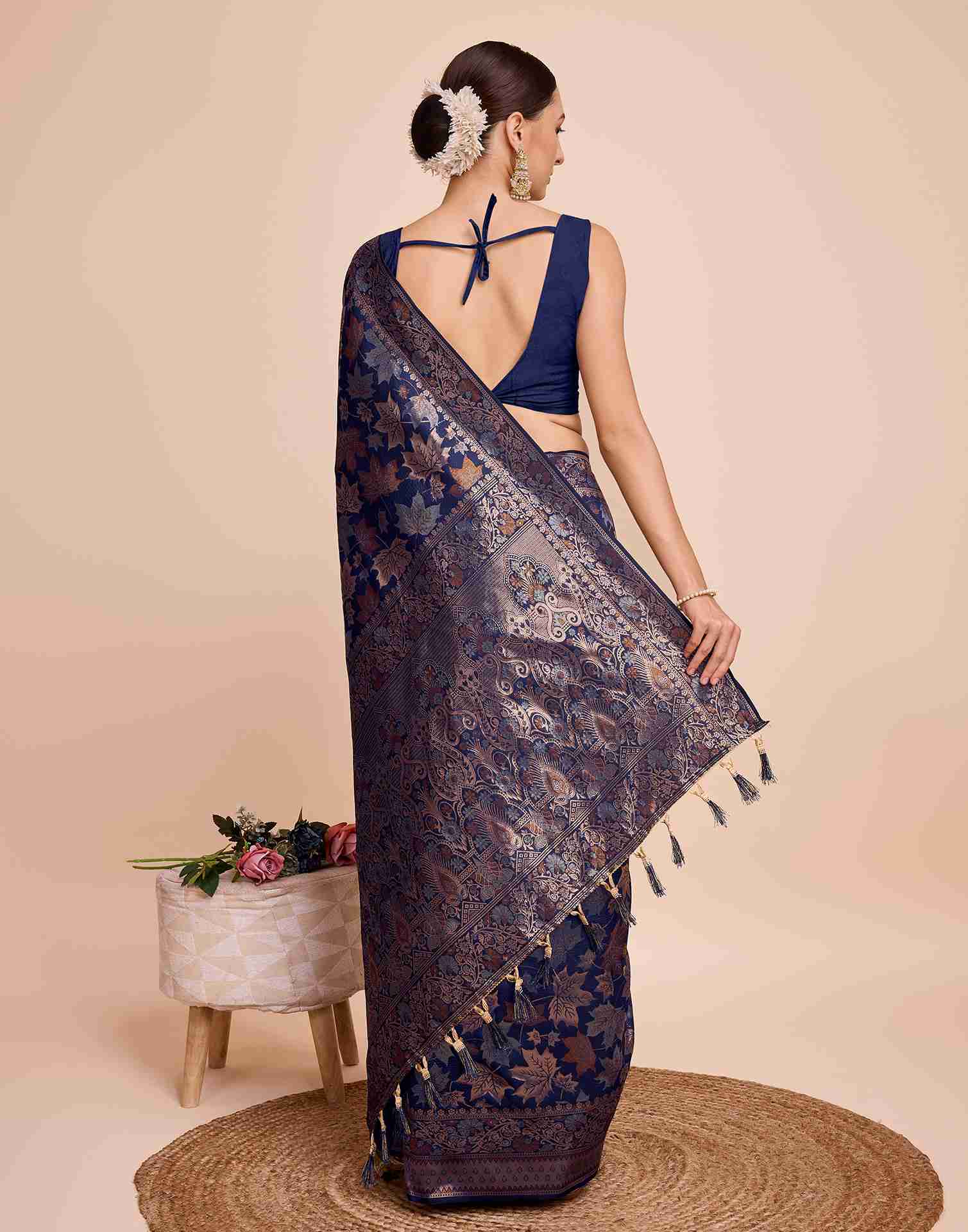 Dark Navy Blue Silk Woven Banarasi Saree