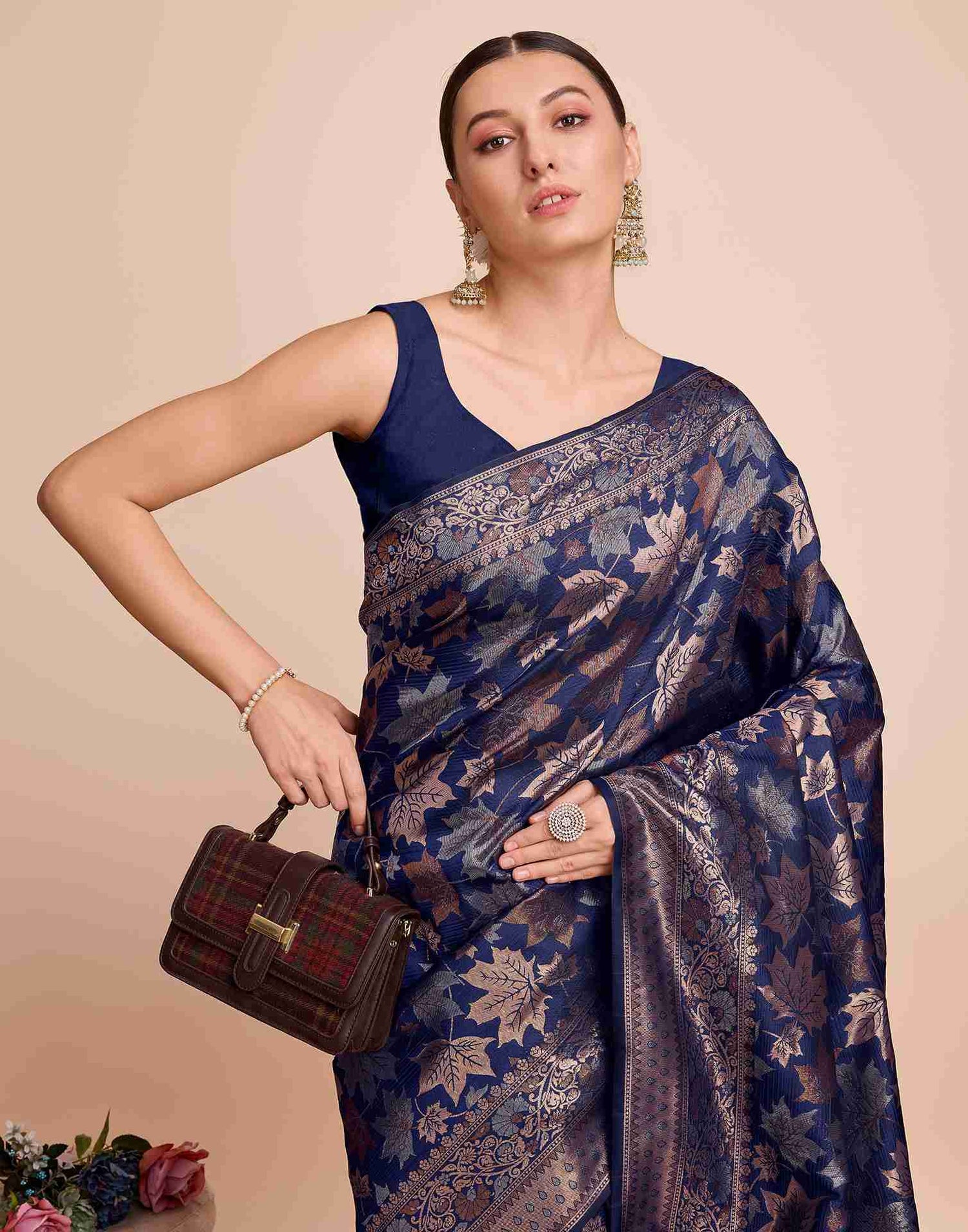 Dark Navy Blue Silk Woven Banarasi Saree