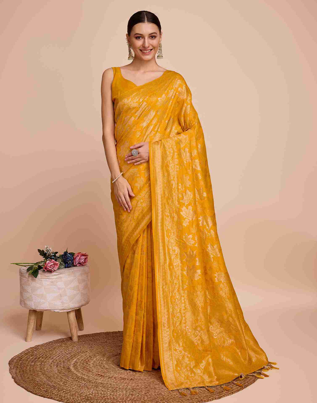 Bright Yellow Silk Woven Banarasi Saree