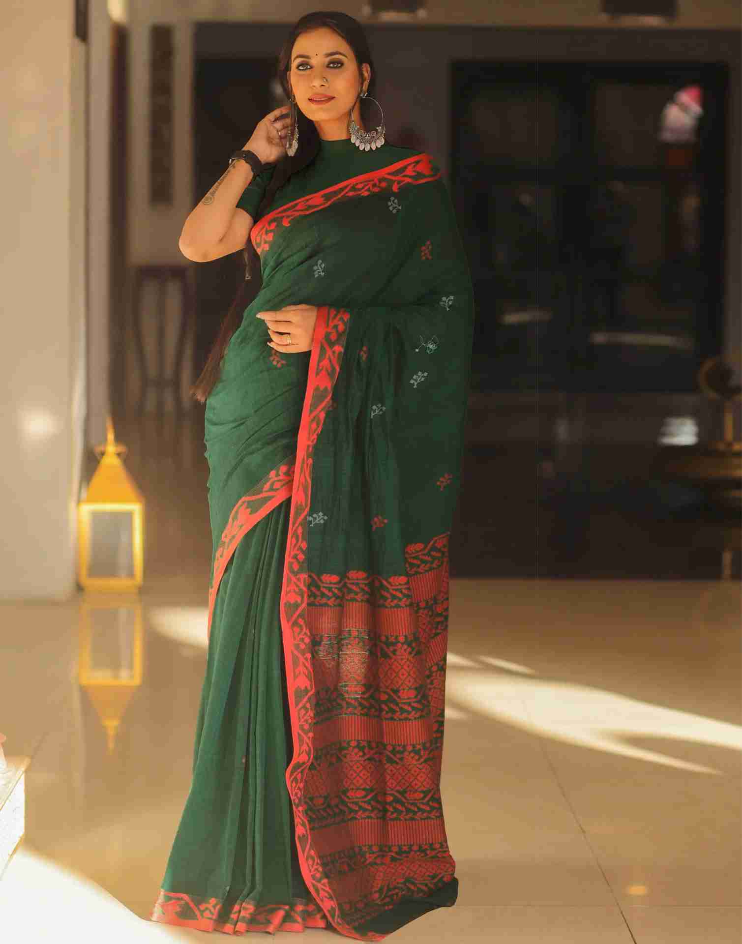 Dark Green Cotton Woven Banarasi Saree