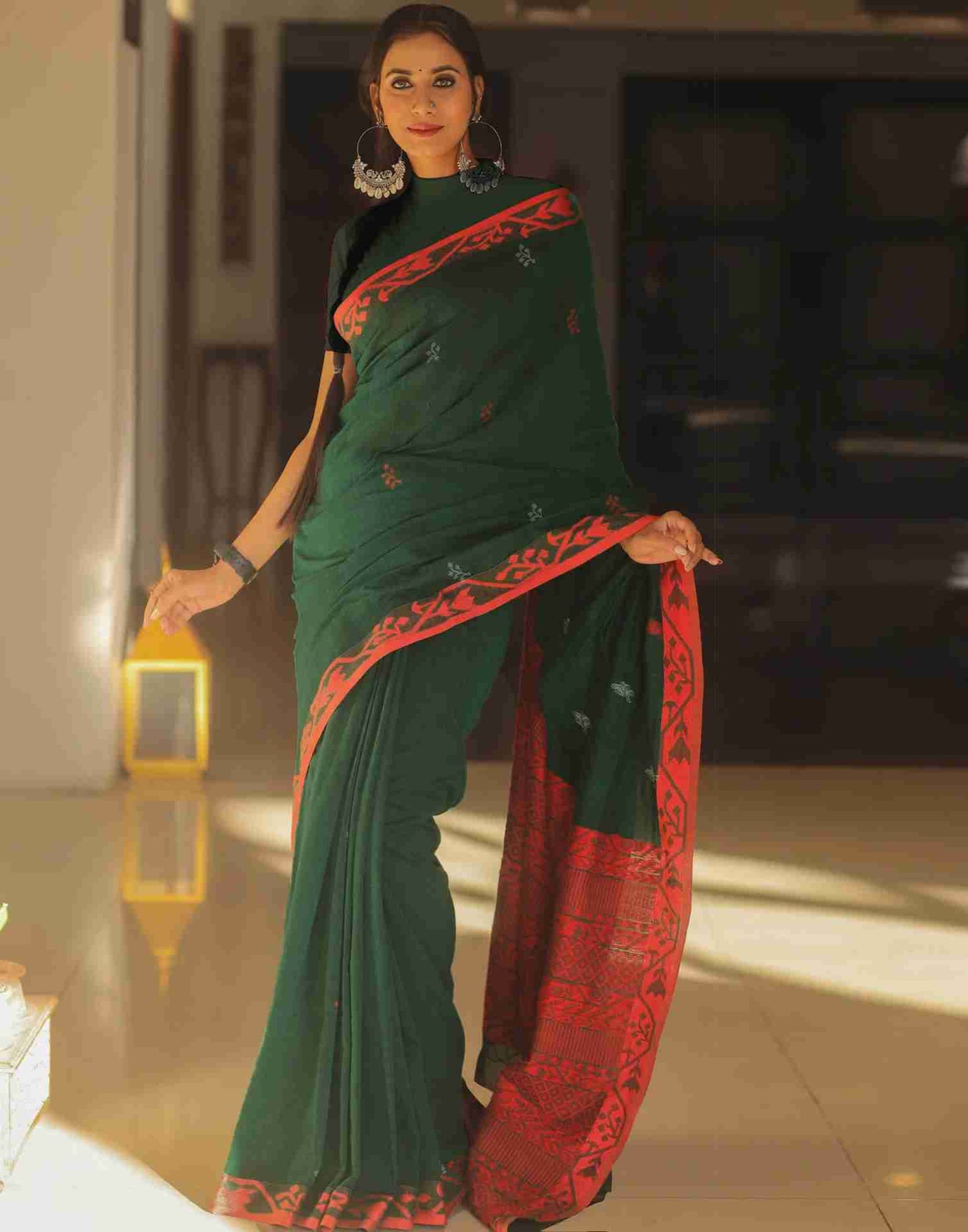 Dark Green Cotton Woven Banarasi Saree