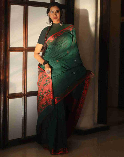 Dark Green Cotton Woven Banarasi Saree