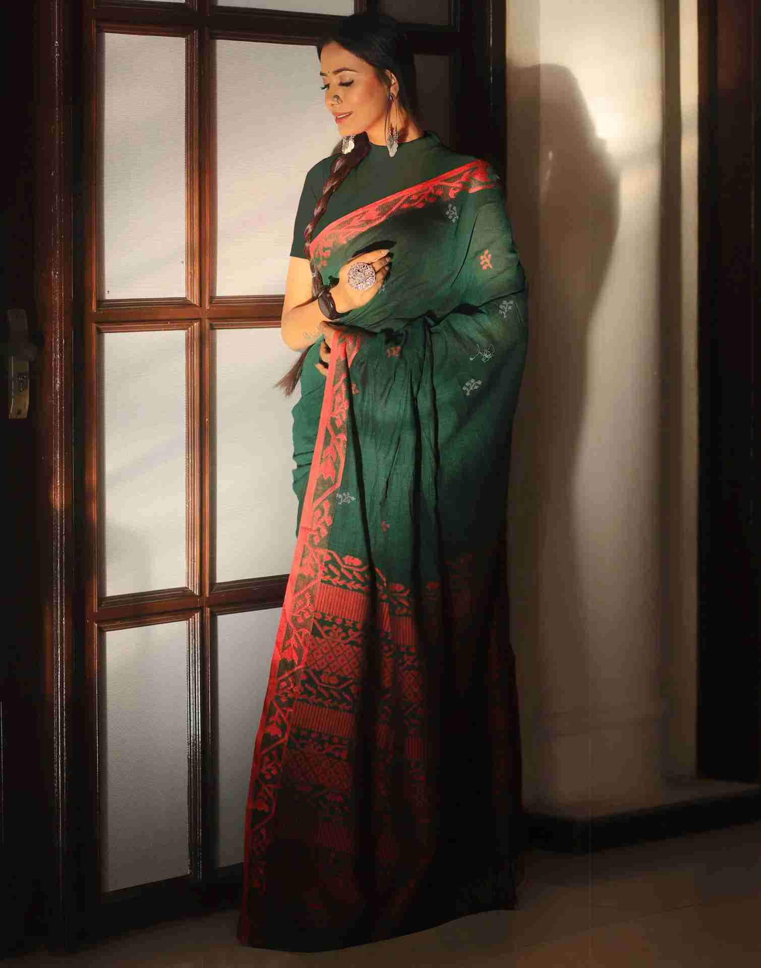 Dark Green Cotton Woven Banarasi Saree